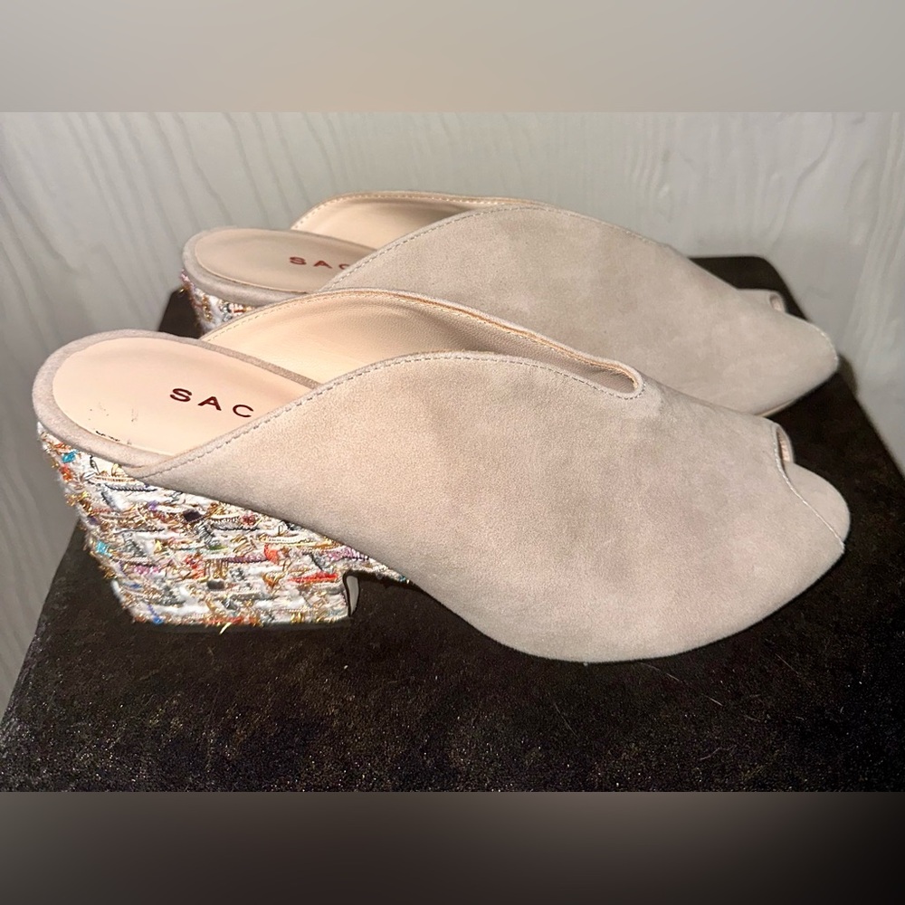 Sacha London Hand-Made Leather Taupe Selina Stacked Peep Toe Mule Stack Heel 8.5